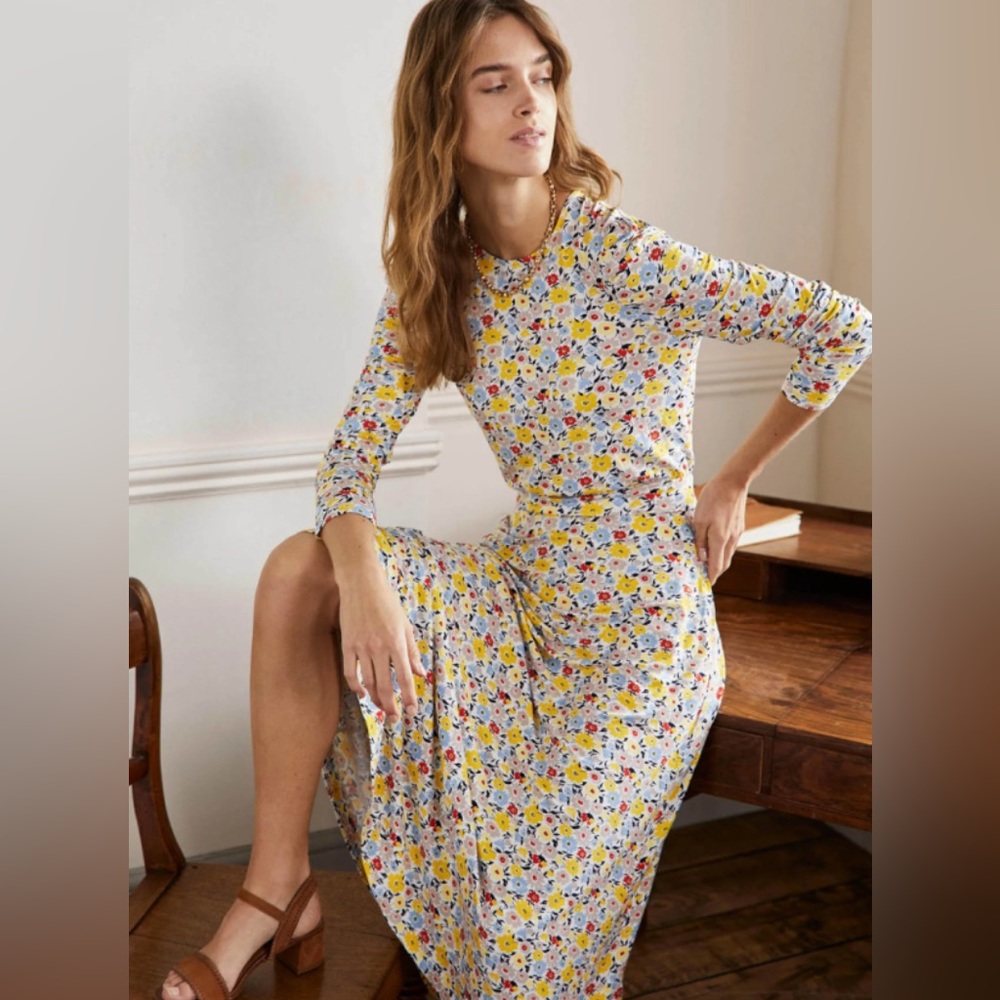 Boden Floral Long-Sleeve Maxi Dress in Yellow, Blue, Pink
